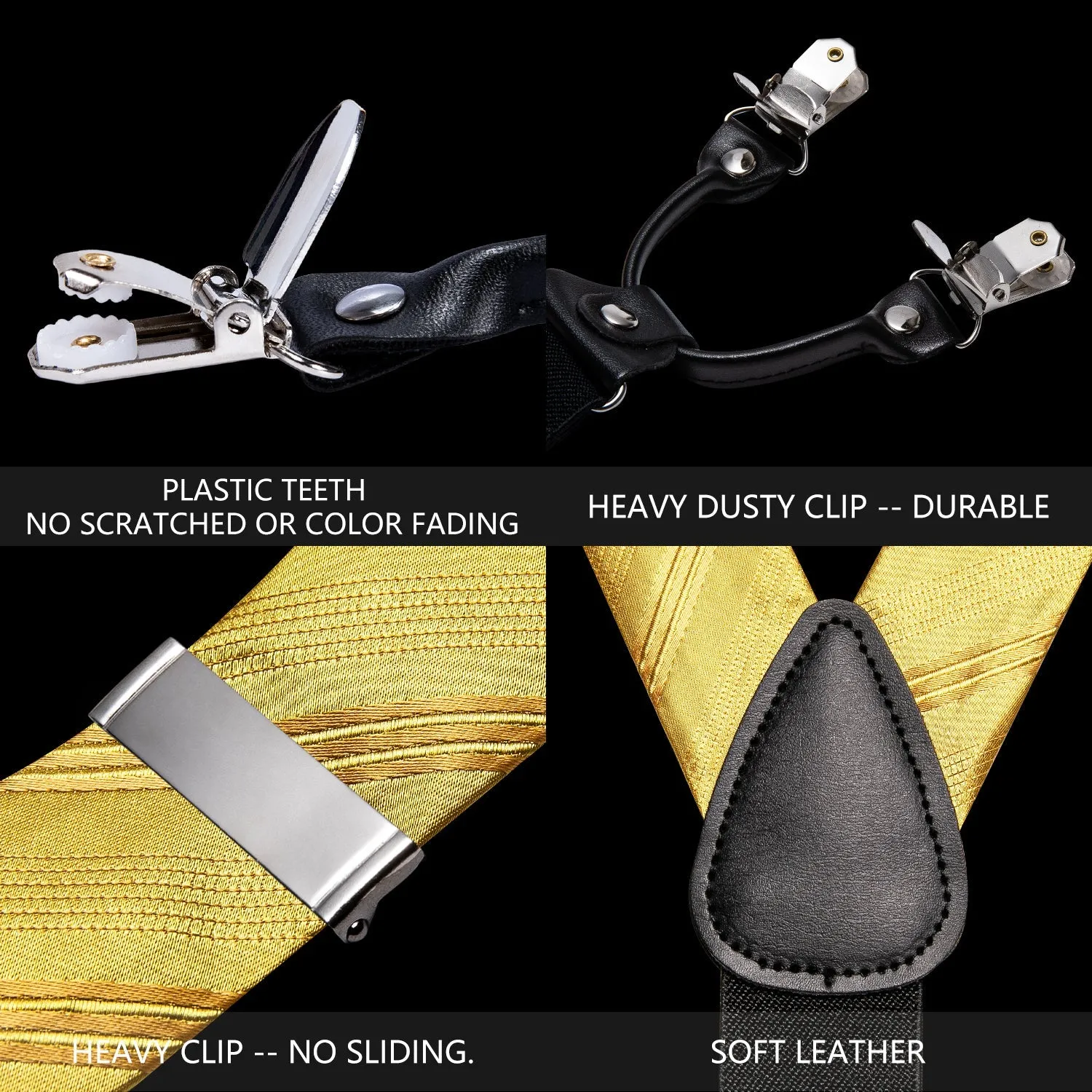 Yellow Gold Striped Y Back Brace Clip-on Men's Suspender with Bow Tie Set