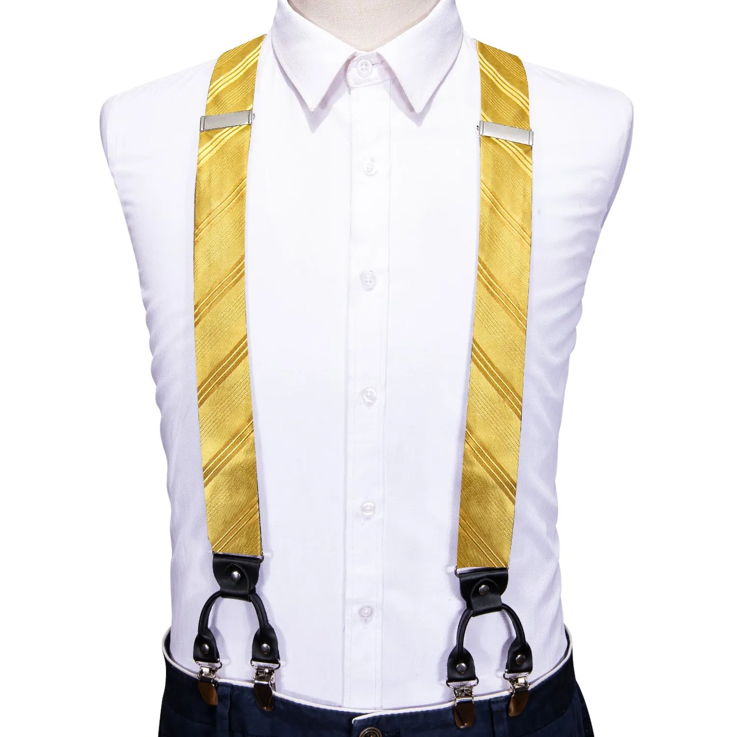 Yellow Gold Striped Y Back Brace Clip-on Men's Suspender with Bow Tie Set